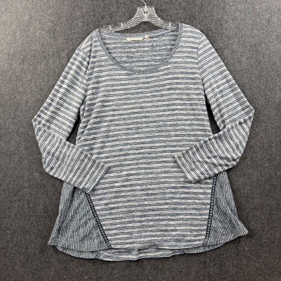 Soft Surroundings Top Women's Large Blue White Striped Embroidered Linen - Picture 1 of 6